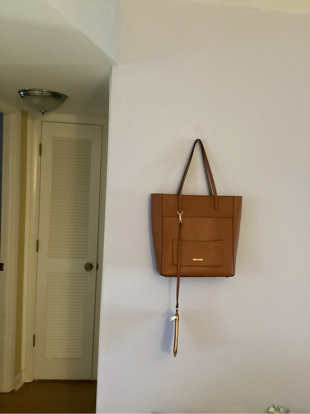 Steve Madden Tan Leather Tote with Front Pocket and Gold Accent